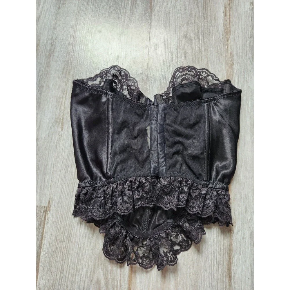 VTG Victoria’s Secret Gold Crown Corset 32B Black Lace Satin Sheer Bustier EUC - Picture 3 of 9